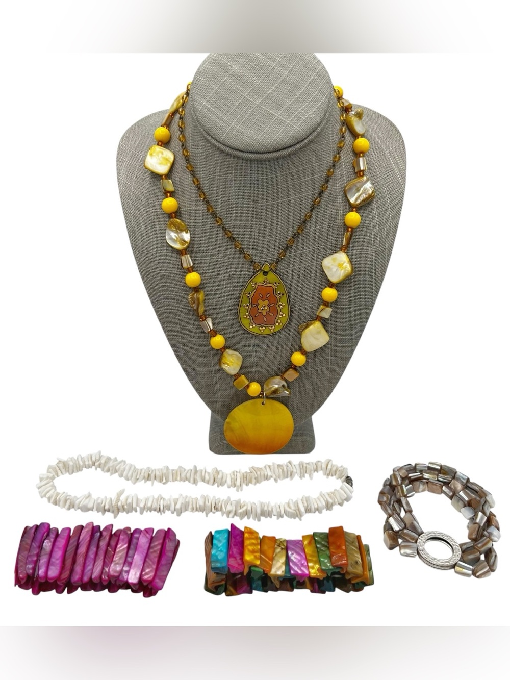 Colorful Genuine Shell Necklace & Stretch Bracelet Jewelry Lot